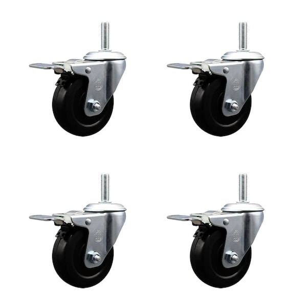 35 Inch Hard Rubber Swivel 58 Inch Threaded Stem Caster Set with Total Lock Brake